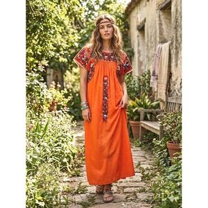 Vintage 70s Mexican Oaxacan Orange Embroidered Dress S/M Boho Folk Floral Midi